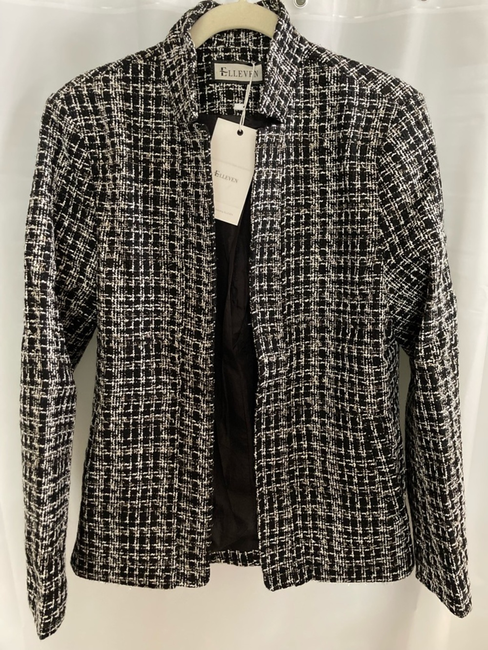 NWT ELLEVEN Black/White/Gold lurex Tweed Open-Front Jacket with pockets sz M